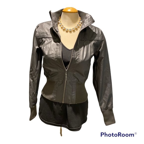 Bomber Jacket Sz L. Pleather Ribbed Cuffs and at the Waist Grey - Picture 2 of 5